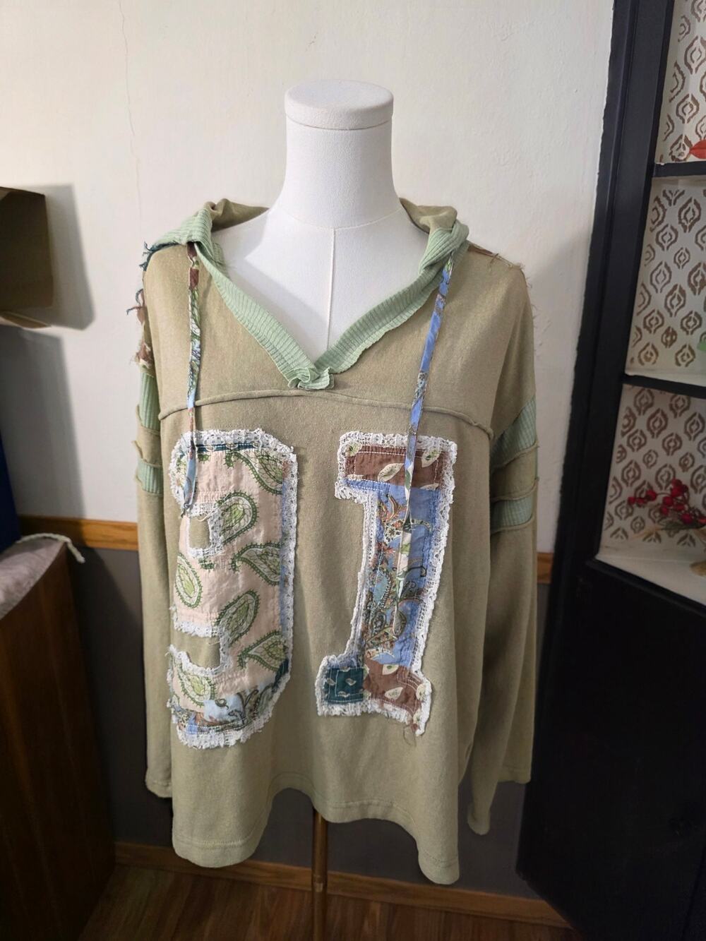 POL Oversized Sz L Patchwork Hoodie Shirt Artisan Streetwear Soft Grunge